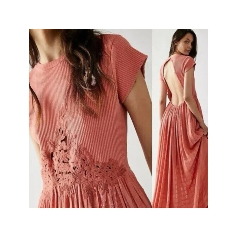 NWT Free People x Revolve Coral Open Back Short Sleeve High Slit Maxi Dress M - Picture 7 of 10